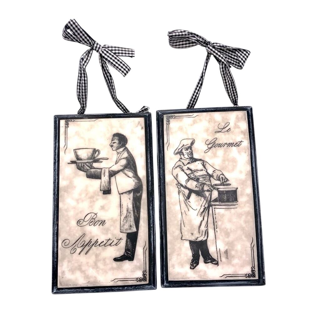 French Chef Black White Wall Decor set of Two Gingham Checked Bows for Hangers